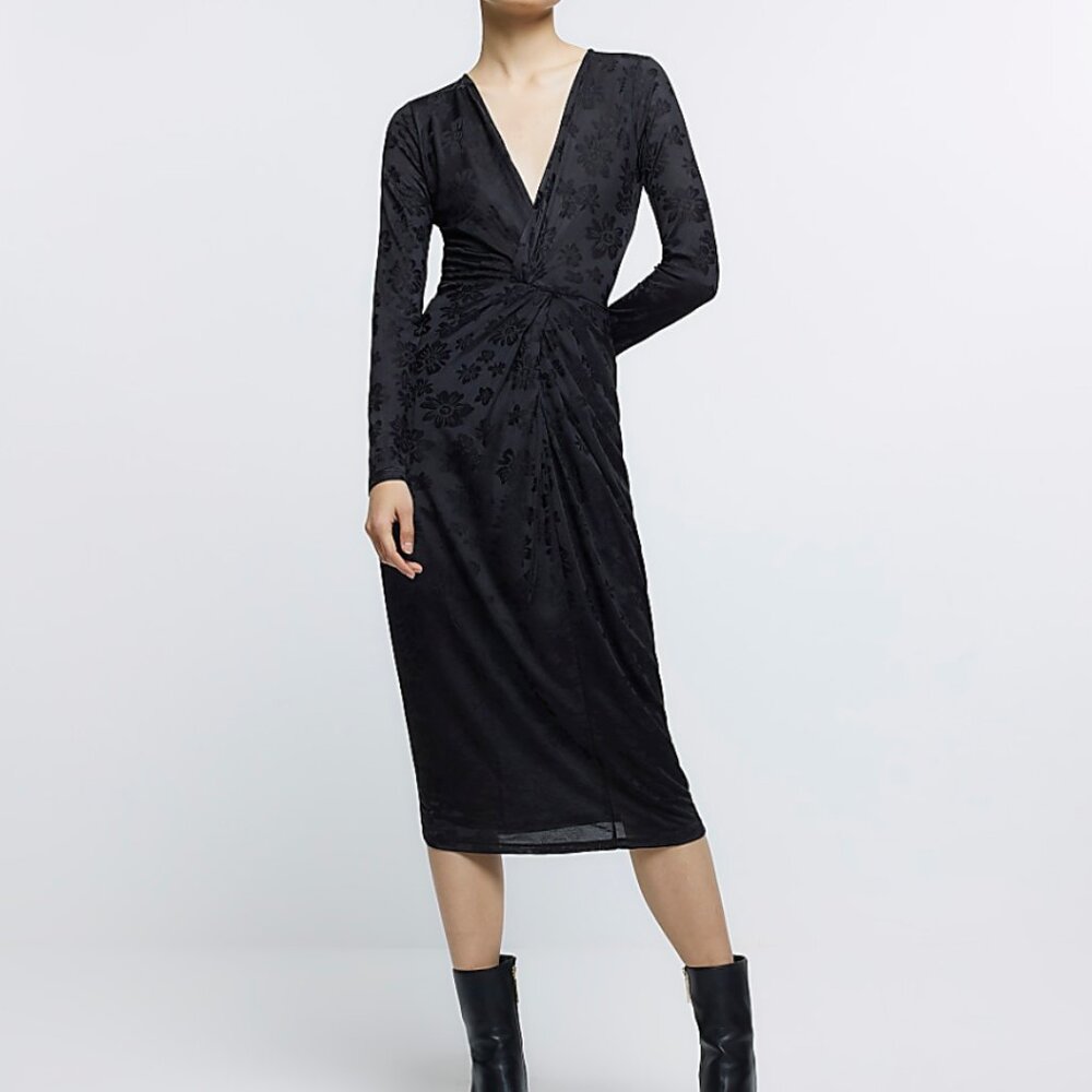 Black jacquard floral twist bodycon midi dress